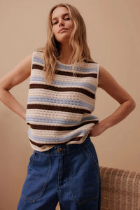 Margot Mesh Knit Tank - ecru /chalk choc stripe