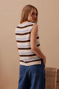Margot Mesh Knit Tank - ecru /chalk choc stripe