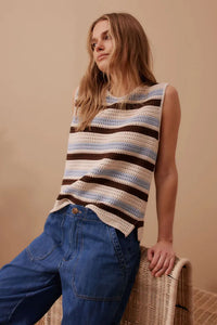 Margot Mesh Knit Tank - ecru /chalk choc stripe