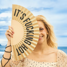 Load image into Gallery viewer, Hand Fan - Gold Glitter hand Fan 'Its fucking hot'
